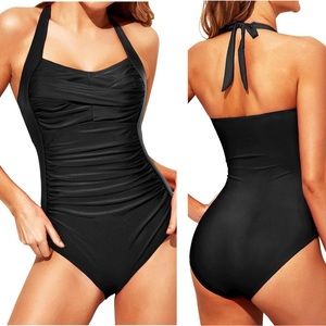 NWT Tempt Me Black Halter Tummy Control One Piece Slimming Bathing Suit Swimsuit